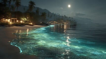 Obraz premium Serene Moonlit Beach with Calm Waters and Tropical Palm Trees on a Quiet Night