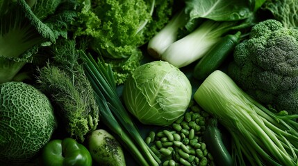 A vibrant assortment of fresh green vegetables including cabbage, broccoli, and greens, showcasing healthy eating and natural produce.