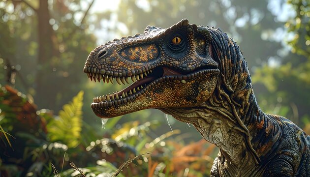 Close-up dinosaur in lush jungle