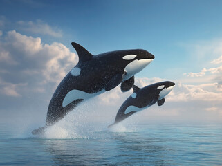 Obraz premium Dynamic orca pair leaping from ocean waters under a cloudy sky, vibrant marine wildlife