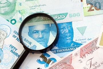 Nigerian naira currency money bills and magnifying glass. The concept of financial monitoring and...