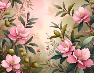 Floral illustration of pink blossoms and foliage in a garden setting
