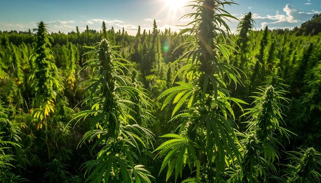 Lush hemp field at sunset
