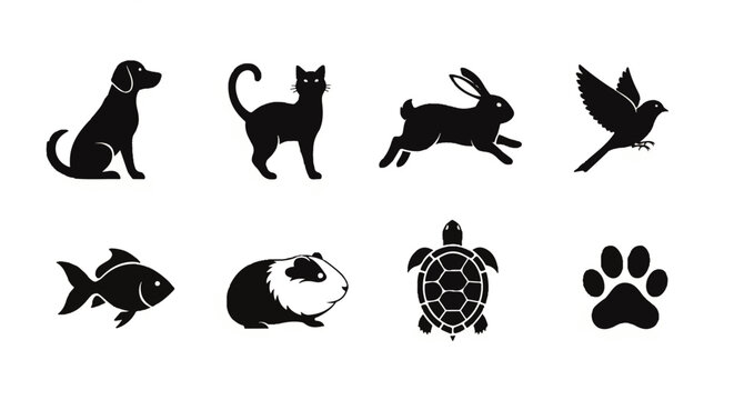 A vector collection of simple black silhouette icons representing various domestic pets, including a dog, cat, rabbit, bird, fish, guinea pig, turtle, and a paw print symbol