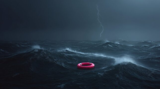 Turbulent ocean scene with a red lifebuoy amid crashing waves and an intense lightning strike in the stormy sky.