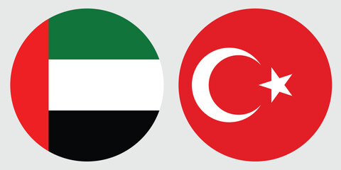 Dubai UAE and Turkey Circular Flags on Grey Background , vector design and digital illustration 