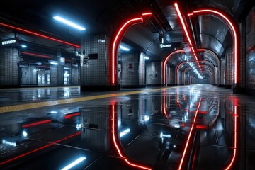 Empty futuristic subway station with neon lights
