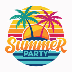 Obraz premium Vibrant Summer Party Logo with Sun, Beach, and Palm Trees