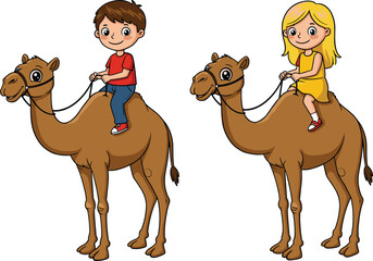 Children riding camels, cartoon illustration, desert animals, cultural activity, playful kids, white background, travel concept, fun adventure, happy expression, reins held