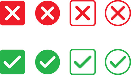 check mark and cross mark icon set. Yes, no sign. Approve and reject symbols. Green Tick and Red X Sign