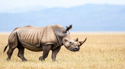 Majestic Rhinoceros Walking Through Golden Grasslands in Nature