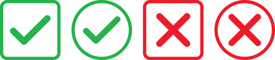 Obraz premium check mark and cross mark icon set. Yes, no sign. Approve and reject symbols. Green Tick and Red X Sign