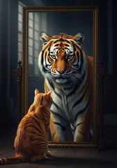 an orange cat looks in the mirror and its reflection becomes a tiger