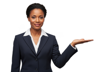 Professional african american businesswoman presenting with open palm, smiling, wearing suit, isolated on transparent background