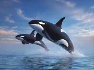 Majestic orcas breaching ocean's surface against the horizon's embrace