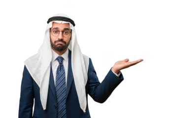 Serious arab businessman in suit presenting with hand gesture stock photo, middle eastern man wearing traditional headdress, isolated on transparent background