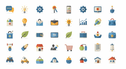 Fototapeta premium Versatile collection of flat design vector icons, featuring essential symbols for business, finance, technology, communication, health, and everyday life applications