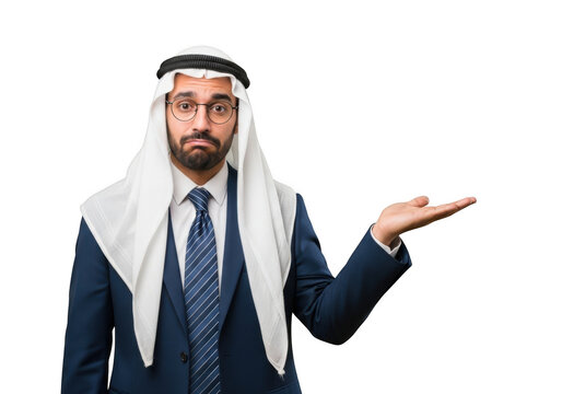 Serious arab businessman in suit presenting with hand gesture stock photo, middle eastern man wearing traditional headdress, isolated on transparent background