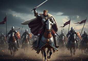 Fototapeta premium A powerful king on horseback leads his army into battle, raising his sword triumphantly under a dramatic, cloudy sky