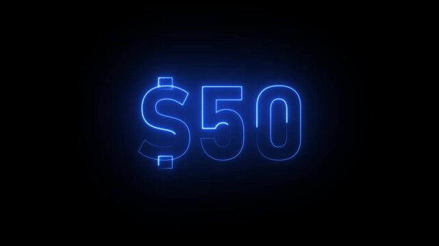 Blue neon dollar sign and number 50 glowing on black background fifty dollars