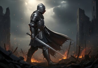 Fototapeta premium A lone knight in full armor walks through a desolate, wartorn landscape with a sword in hand, amidst ruins and fire