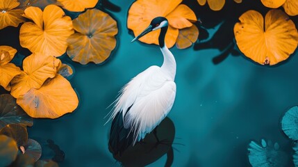 Elegant Crane Stands Amidst Vibrant Water Lilies