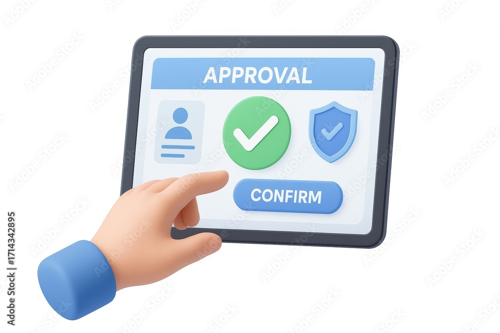 Aufkleber hand pressing confirm button on tablet screen for approval and validation process