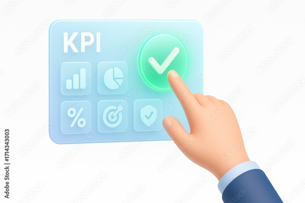Poster Hand Touching Interactive KPI Dashboard with Graphs, Percentages, and Targets on Transparent Screen