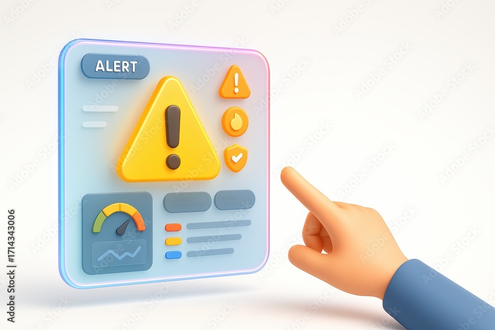 Aufkleber 3d illustration of alert notification interface with hand touching warning icon for technology use