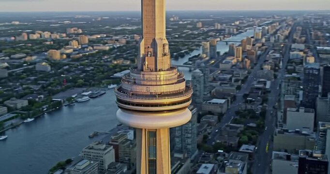 Aerial view of Toronto skyline at sunset, vibrant city
