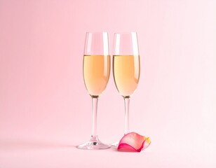 핑크 배경의 샴페인 두 잔 Two Champagne Flutes on Pink Background