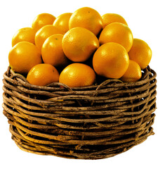 cesta de palha rústico com laranjas frescas isolado em fundo transparente