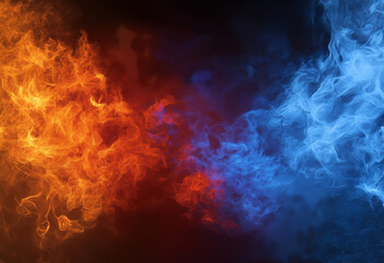 Dark background with colliding red fire and blue ice particles in an abstract explosion