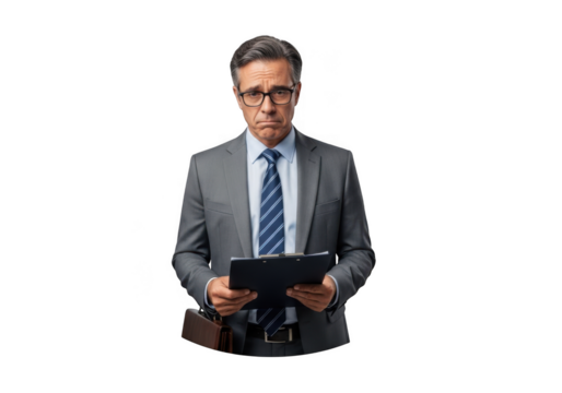 Worried businessman holding clipboard wearing glasses and suit stock photo business professional isolated on transparent background