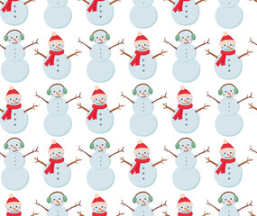 Seamless background with smiling snowmen. Winter pattern with snowy characters