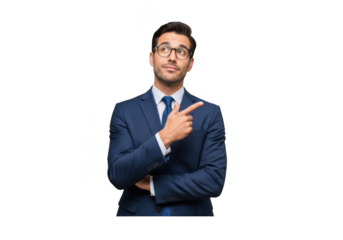 Thoughtful businessman in suit pointing sideways with curious expression, professional presentation, isolated on transparent background
