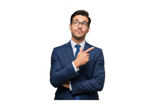 Thoughtful businessman in suit pointing sideways with curious expression, professional presentation, isolated on transparent background
