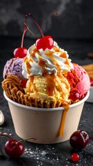 Ice cream sundae in waffle cup