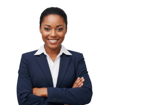 Professional confident african american businesswoman smiling portrait with arms crossed png image for design and marketing isolated on transparent background - Powered by Adobe
