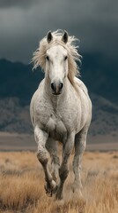 White horse gallops through golden grassland under dramatic clouds in scenic landscape