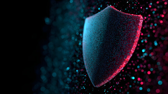 Digital glowing shield symbol, futuristic cyber security concept neon light particles technology background