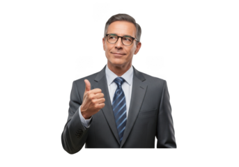 Professional businessman in suit with thumbs up gesture isolated, business man giving approval, positive feedback, isolated on transparent background