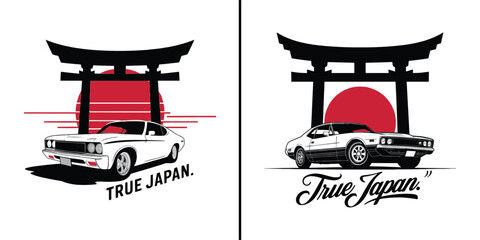 True Japan classic car with red sun and torii gate illustration for vintage automotive culture and apparel design © Vectyx