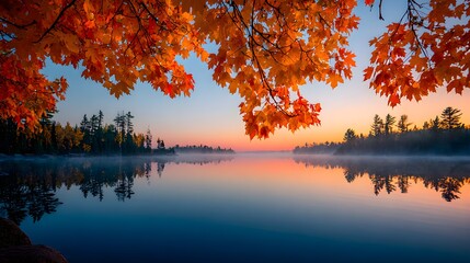Serene autumn sunrise over a calm lake with fiery orange foliage reflecting in the tranquil water horizon