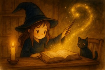 Cute little witch girl practicing magic at home with her playful black cat, reading a magic book and waving a glowing wand, whimsical and cozy Halloween scene