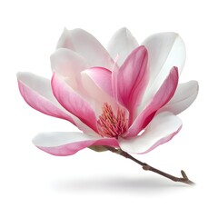 Fototapeta premium Delicate pink and white magnolia flower blooming with soft petals and a detailed center against a clean white backdrop for natural beauty and springtime themes