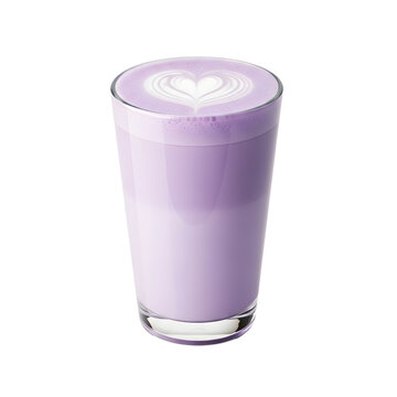 Purple taro latte drink with heart foam art in a glass isolated PNG with Transparent Background