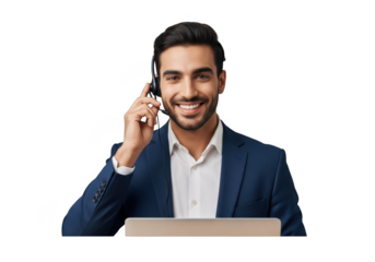 Smiling customer service representative man with headset answering calls in blue suit isolated on transparent background