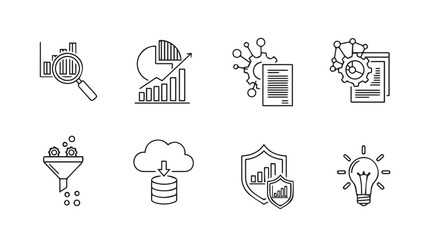 Collection of eight business and technology icons in a clean silhouette style