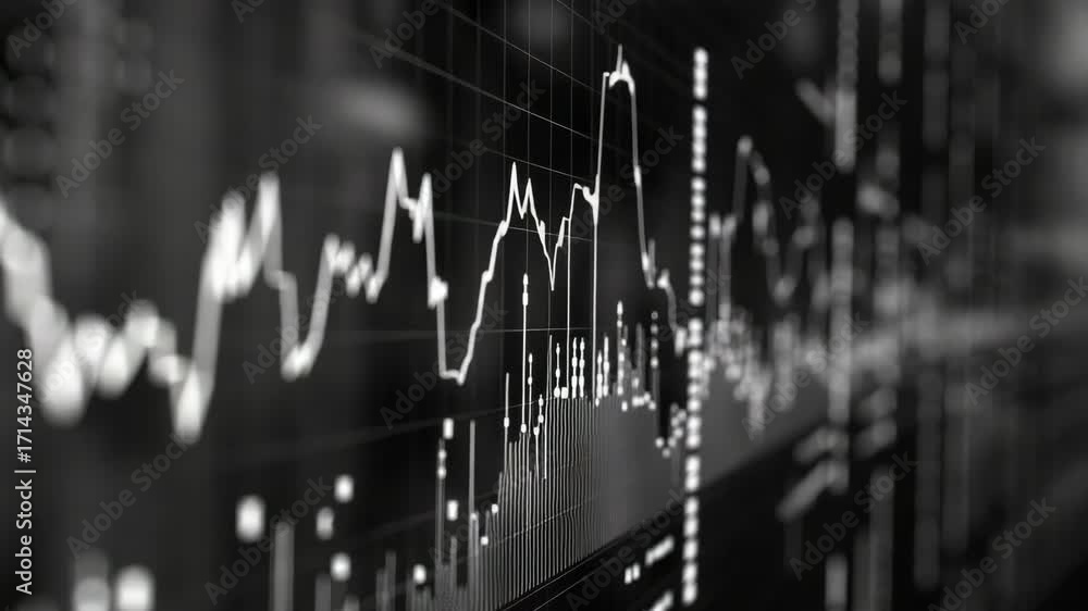 Poster screens displaying various stock market indicators, including graphs and charts for financial analys